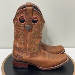 Wild West Boots Men 7 EE Tan Leather Ranch Toe Cowboy Western USA Made Dual Pull